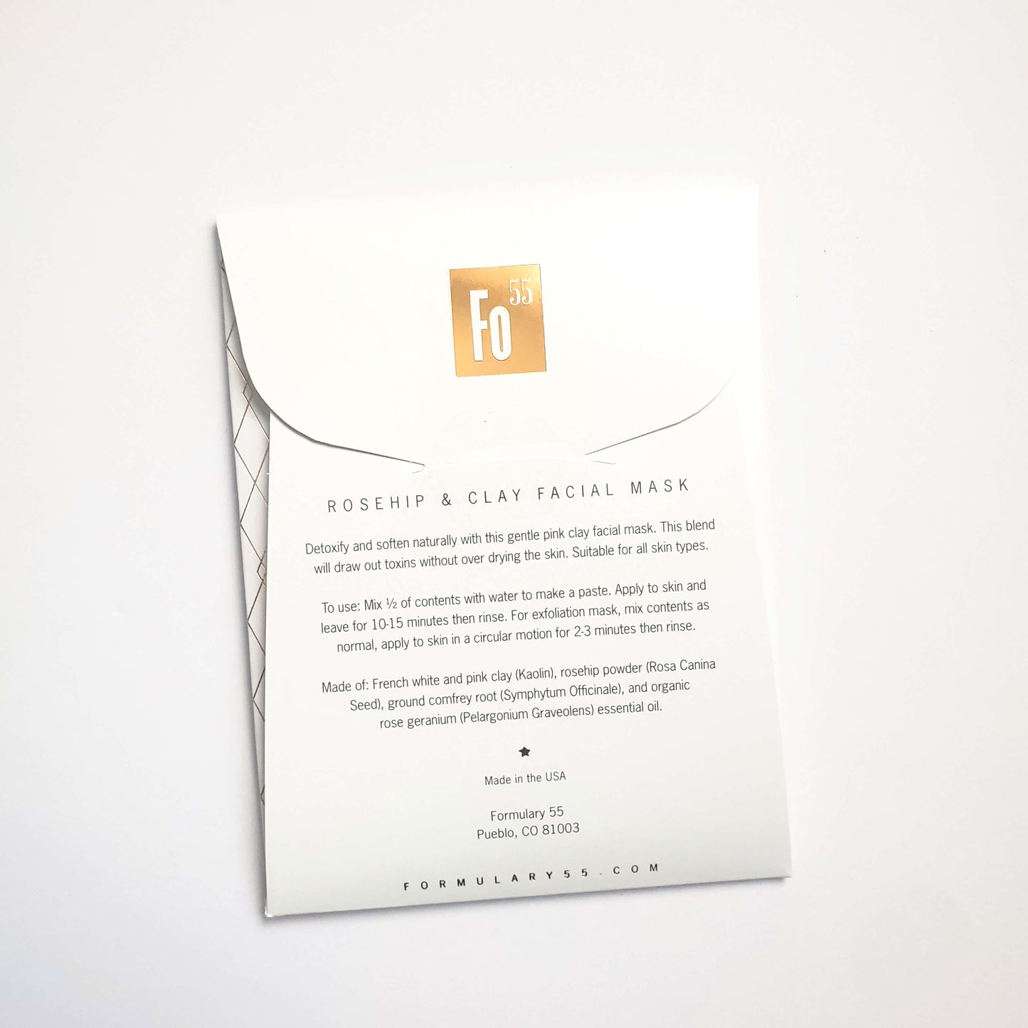 Rosehip & Clay Facial Mask packaging with Formulary 55 branding on a white background